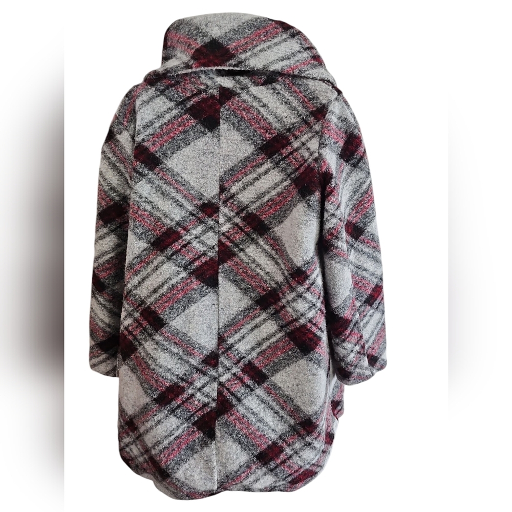New Collection Italy Women M Red Plaid Wool Blend Coat Mod Oversized Collar Rare - Picture 3 of 7